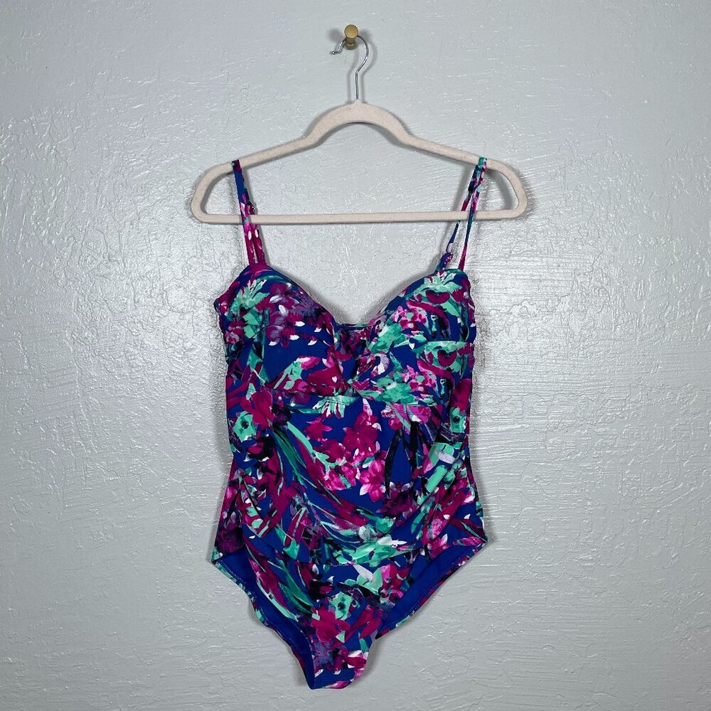 Catalina Women XL Blue Purple Floral One Piece Swimsuit Twist Front Beach Summer